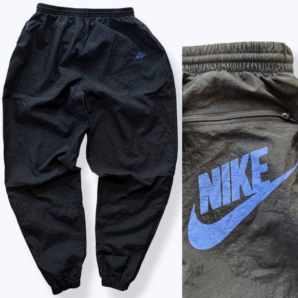 Nike Black Joggers with Blue Logo vintage 90s windbreaker pants large - Picture 1 of 9